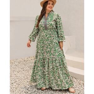 Rusttydustty Green Floral Boho Maxi Dress Size 4XL Long Sleeve Smocked Waist